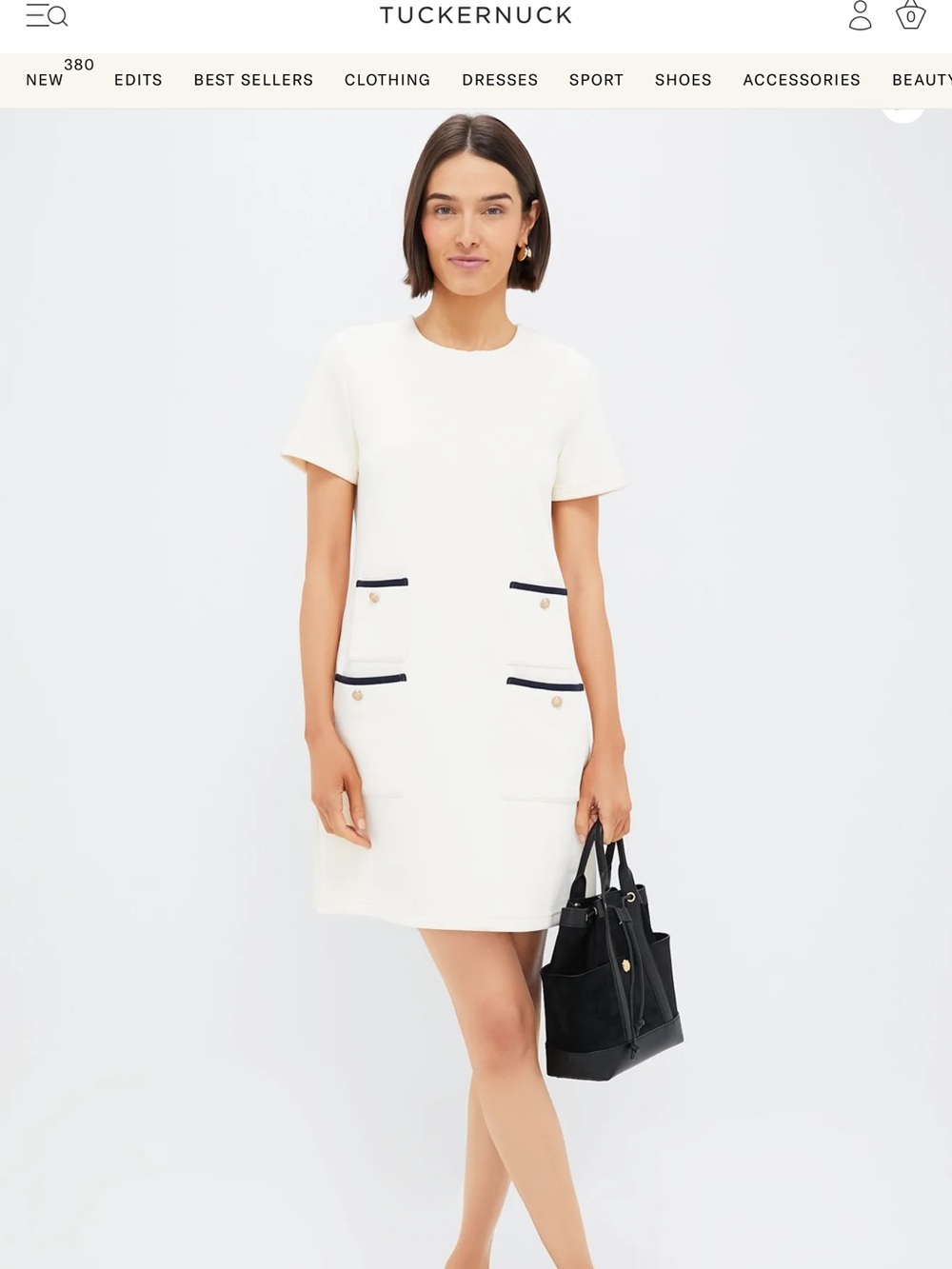Tuckernuck Cream Short-Sleeve Shift Dress with Navy Pocket Trim